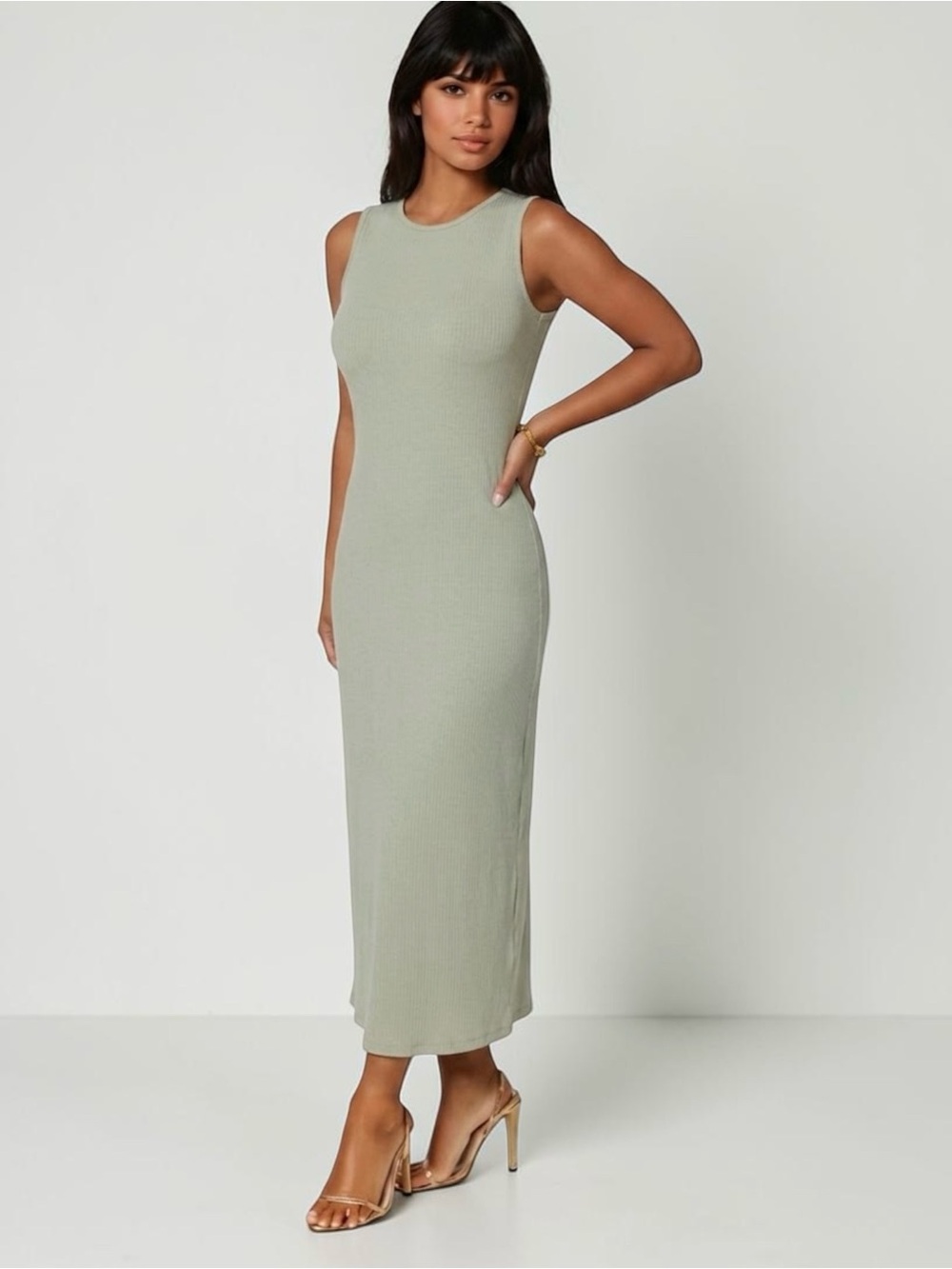 NWT Bebe Ribbed A-Line Maxi Tank Dress Light Olive Green M